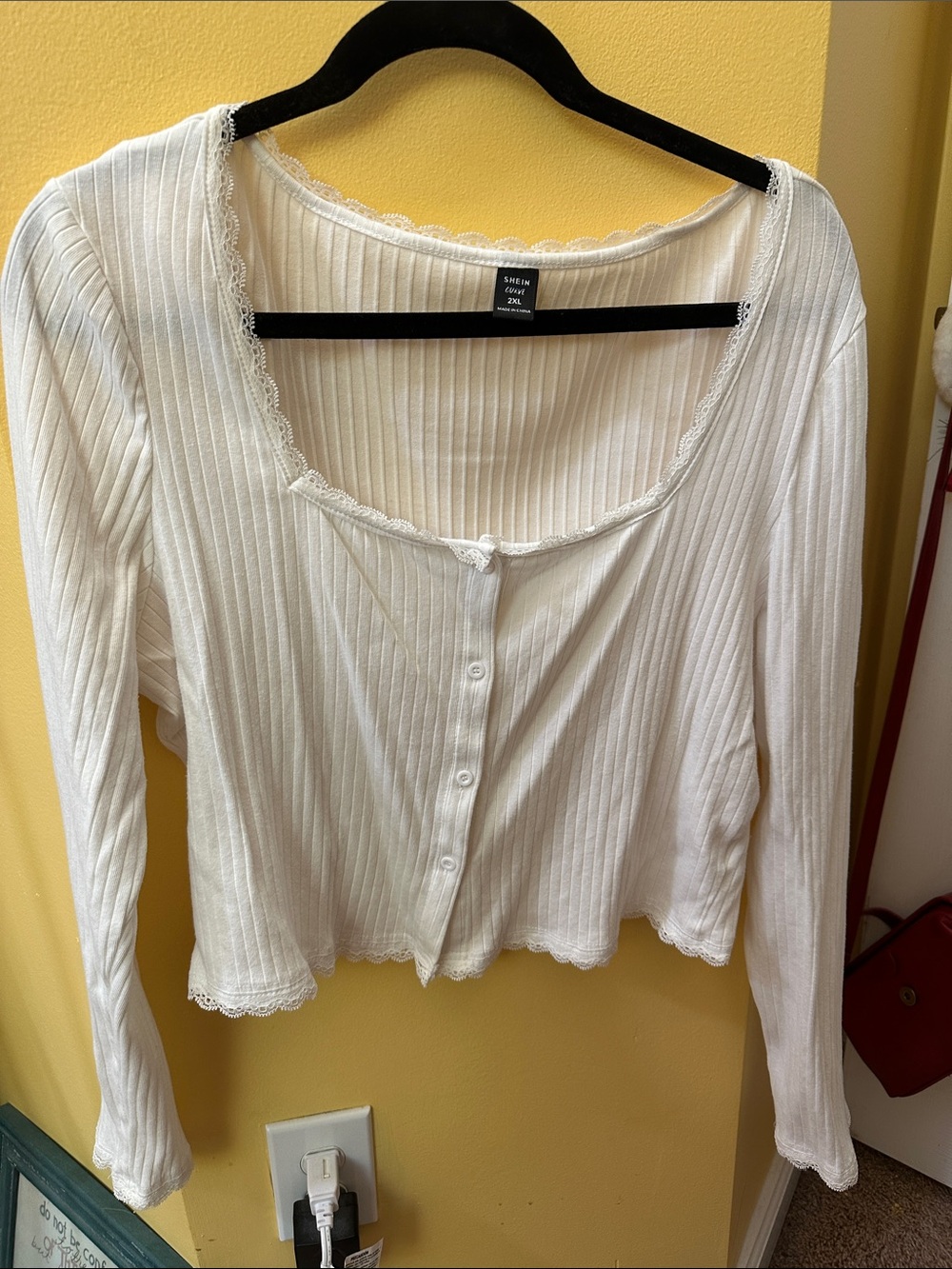 aerie White Ribbed Lace-Trim Button Front Top